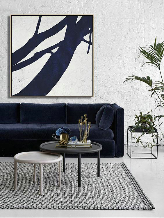 Hand Made Original Art,Hand Painted Navy Minimalist Painting On Canvas,Wall Art Painting